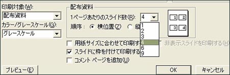 印刷対象を配付資料にすると，用紙１枚に複数枚のスライドを配置して印刷できる。