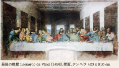 画像：最後の晩餐 Leonardo da Vinci (1498)、壁画、テンペラ 420 x 910 cm